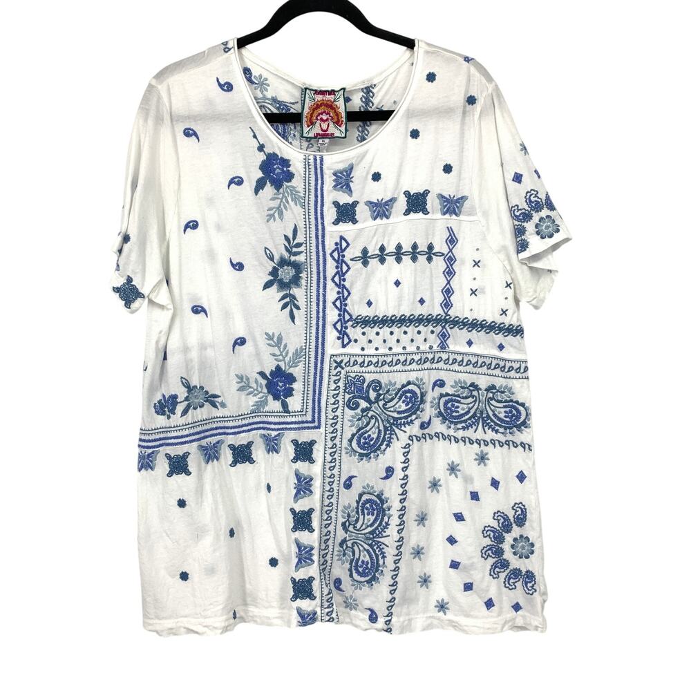 Johnny Was Womens XL White Blue Paisley Embroidered Tunic Top Boho Bandana